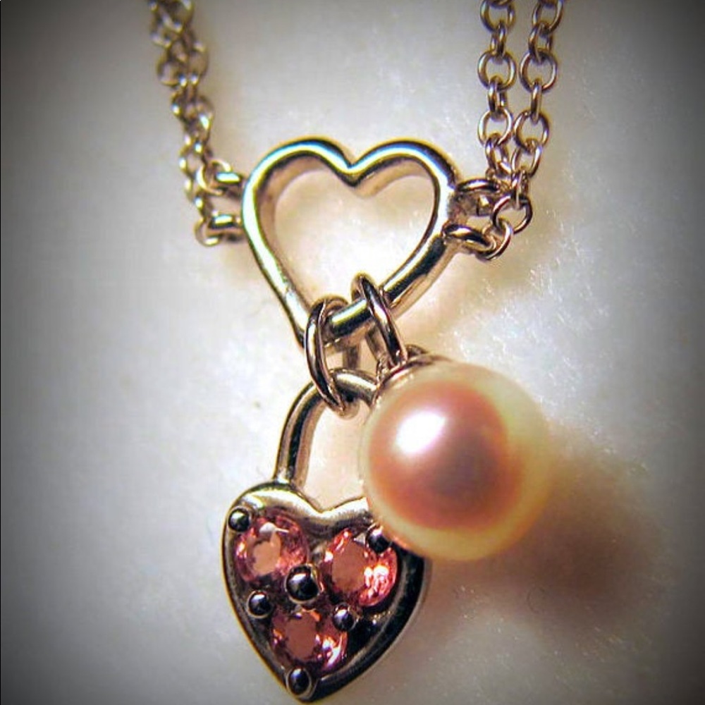 Vintage 14K WHITE GOLD heart necklace with pink tourmaline and pearl
